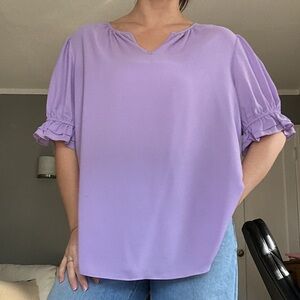 est. 1946 Pastel Purple Flowy Short Sleeve Blouse w/ Ruffle Detail